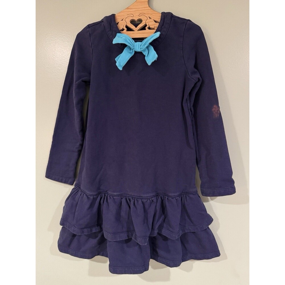 Hanna Andersson Dress Girls Sz 10 Navy Blue Bow Ruffles  Fall Warm Cute Classic